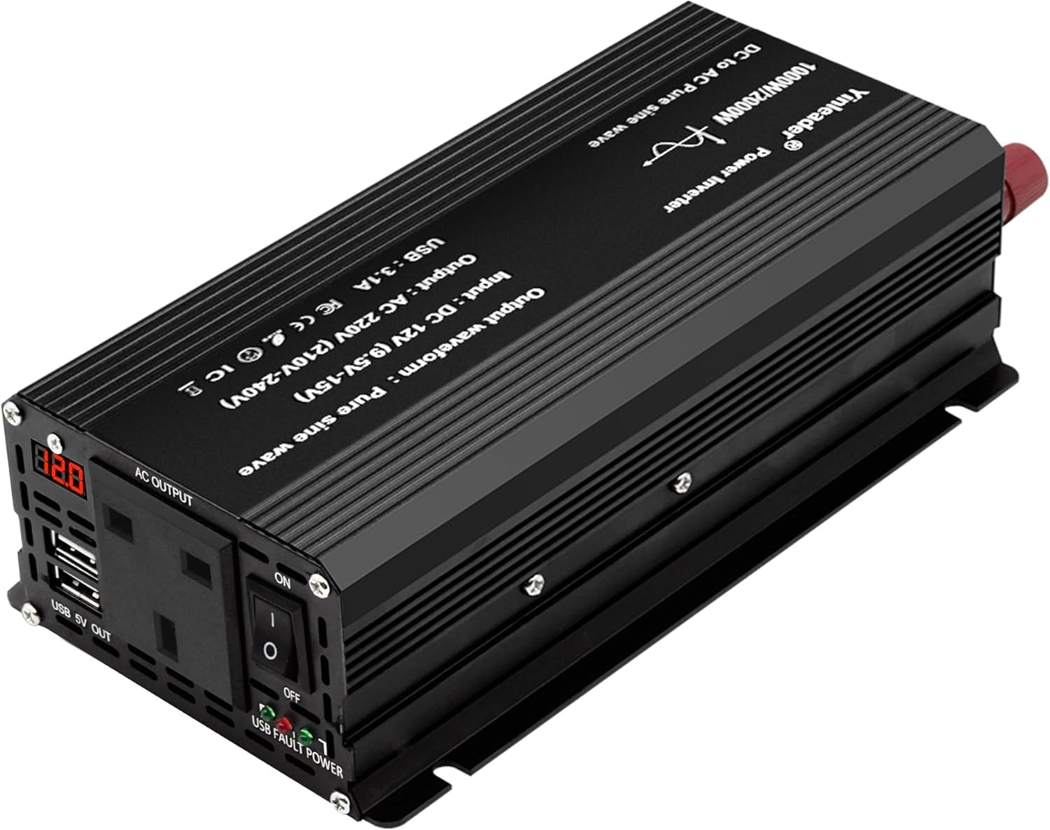 Pure Sine Wave 2000W Power Inverter DC 12V to 240V AC 1 UK Socket 2 USB Ports with LED Dispaly Cigarette Converter