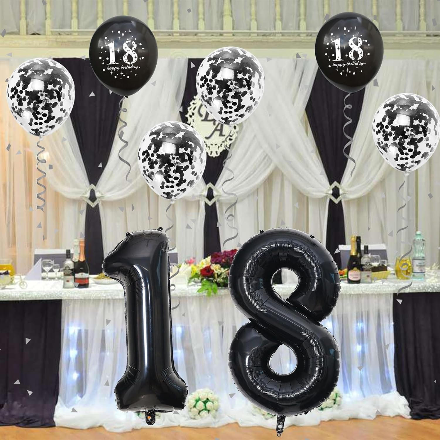 18Th Birthday Decorations for Girls, 18Th Birthday Balloons with 40 Inch Black Foil Number 18 Balloon Black Birthday Print Confetti Balloons Metallic Latex Balloons Set for Boy 18 Birthday Decorations