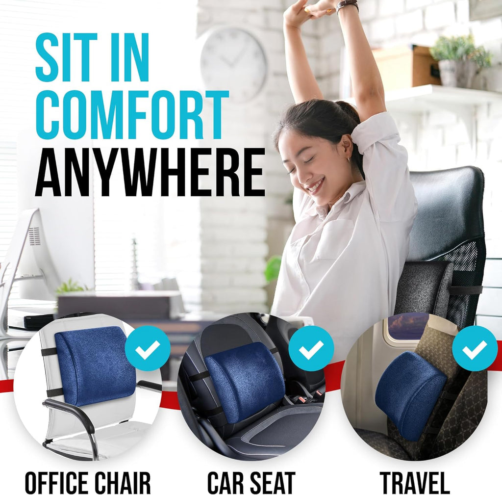Lumbar Support Cushion, Back Support for Office Chair and Car Seat, Back Rest for Gaming Chair, Memory Foam Pillow, Desk Chair Cushion, Breathable & Washable Cover, Adjustable Straps