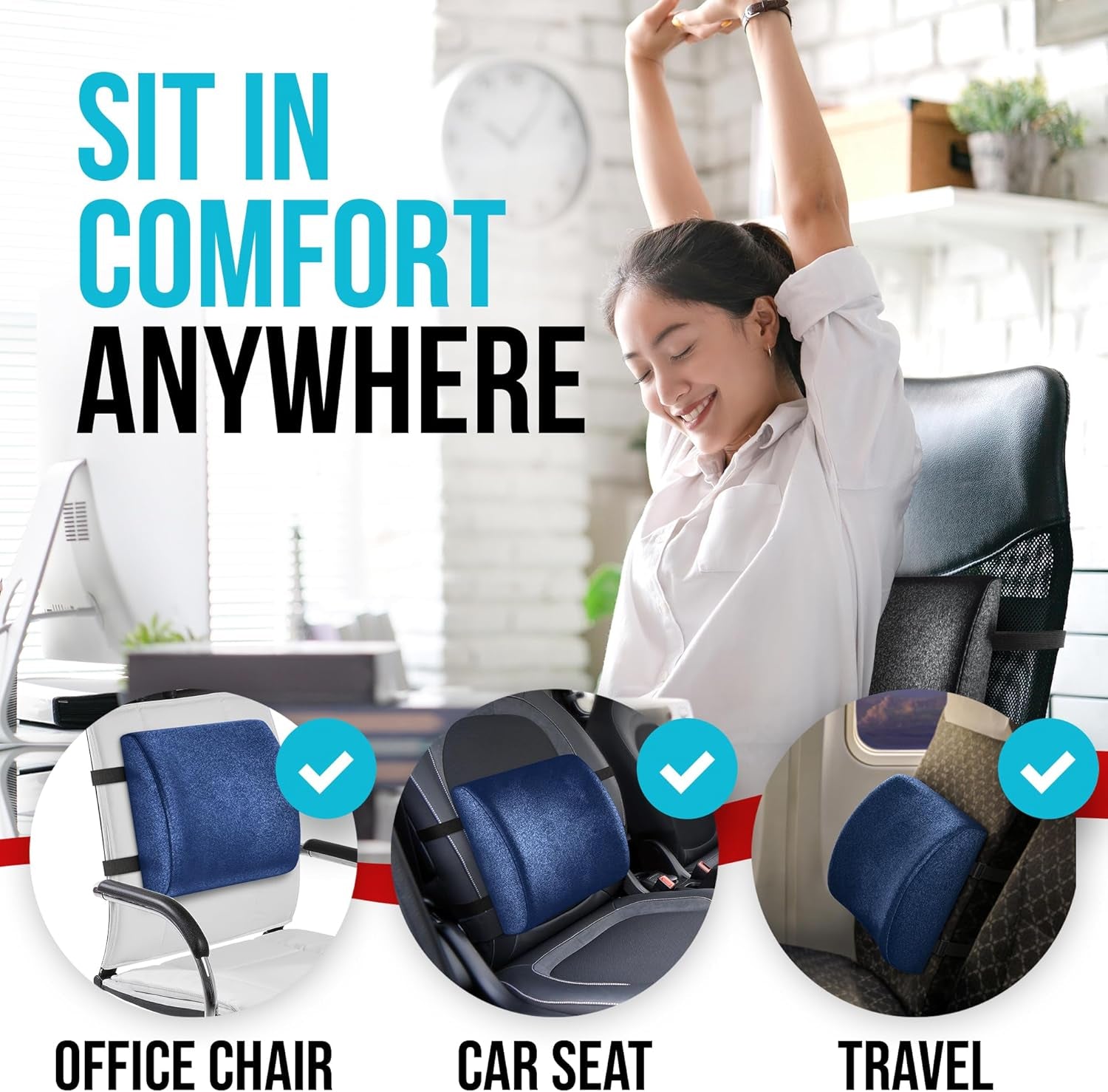Lumbar Support Cushion, Back Support for Office Chair and Car Seat, Back Rest for Gaming Chair, Memory Foam Pillow, Desk Chair Cushion, Breathable & Washable Cover, Adjustable Straps