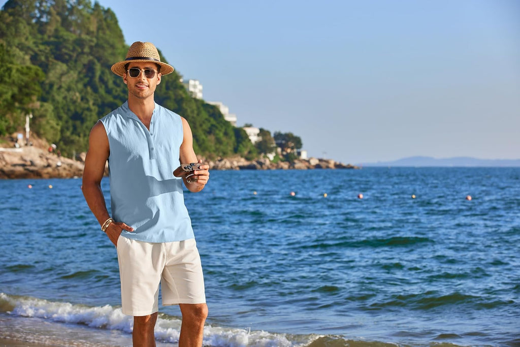 Men Beach Tank Shirt Sleeveless Button up Top Summer Linen Shirt Hawaiian Hippie Tops Light Blue