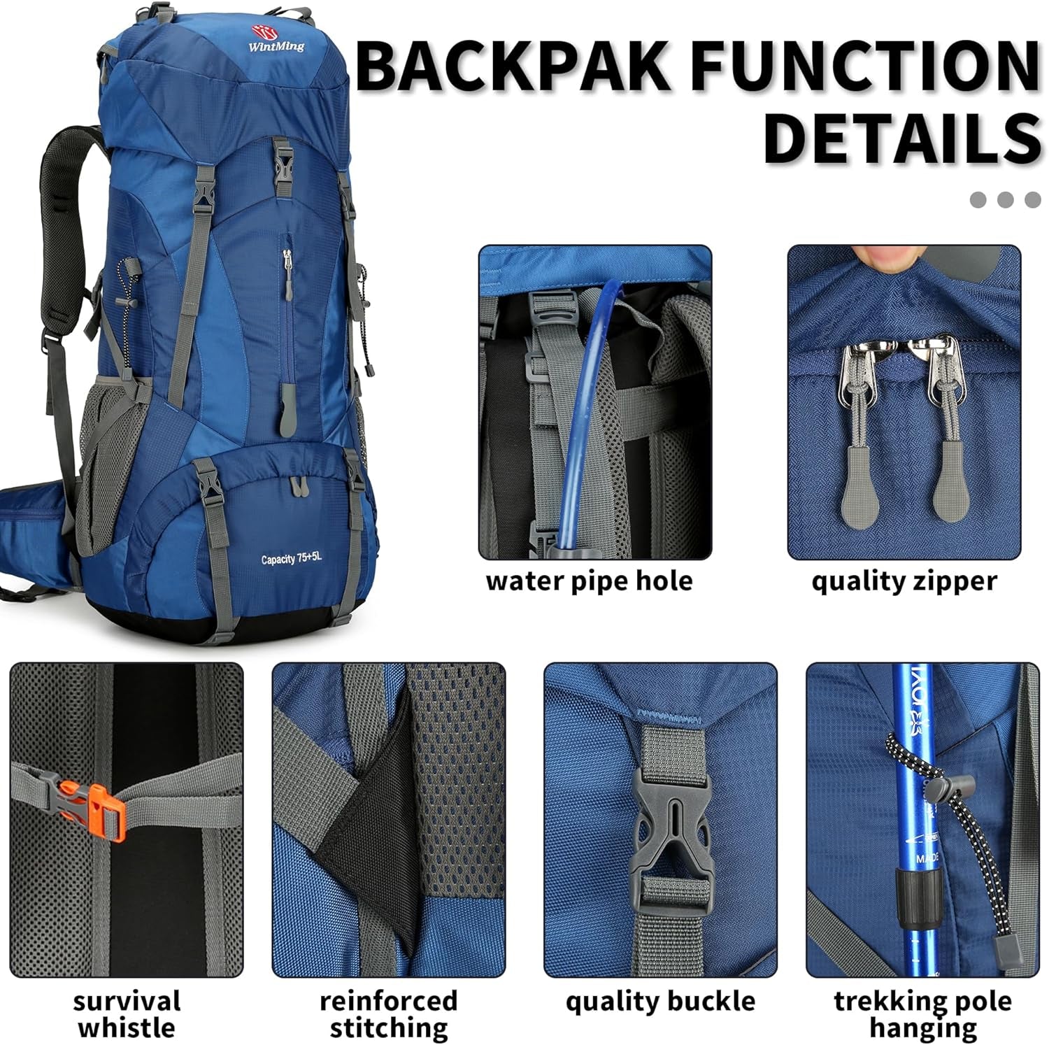 Hiking Backpack for Men and Women 70L+5L Waterproof Lightweight Camping Daypack with Rain Cover for Outdoor Travel Mountaineering - Frameless (Navy)