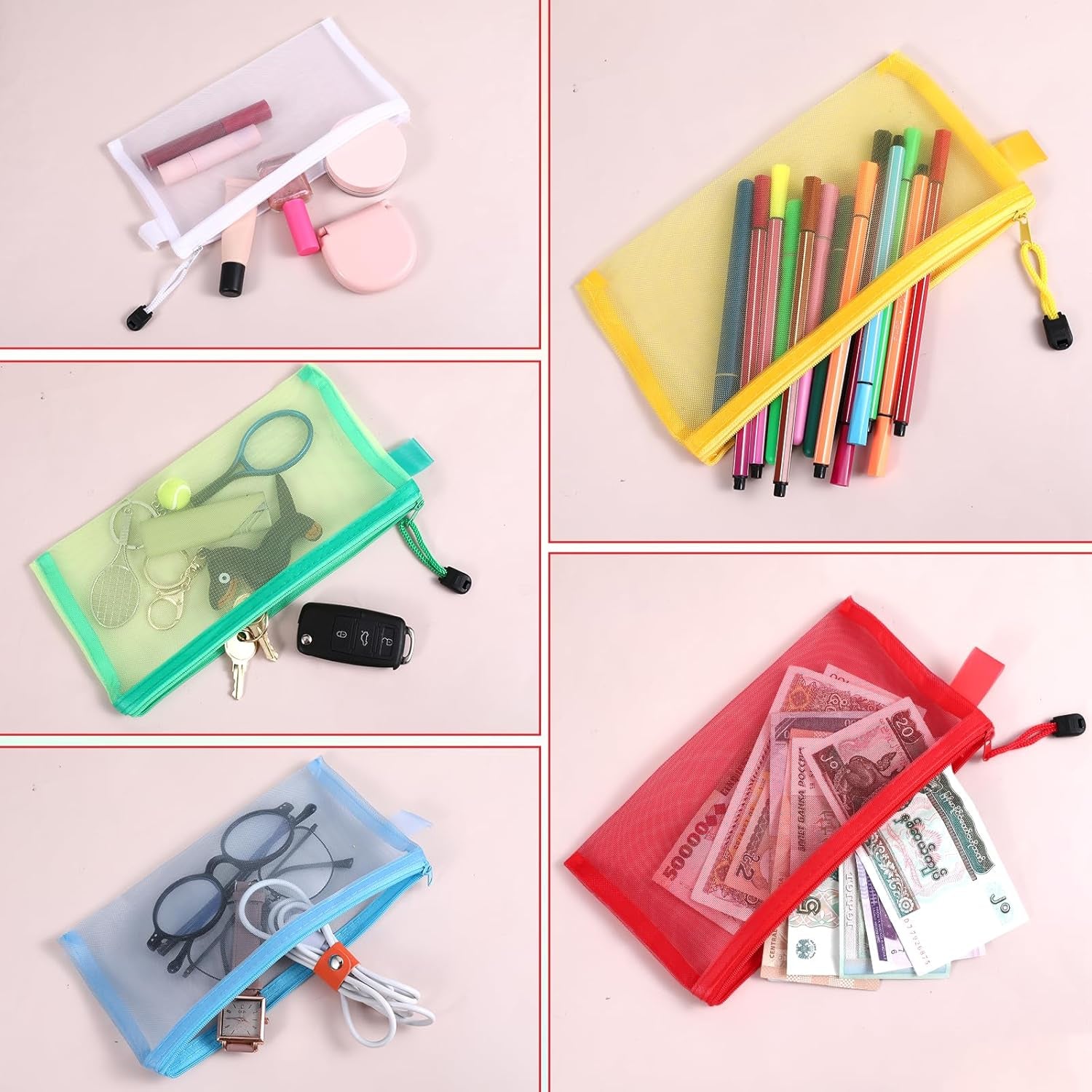 5 Pack Zipper Mesh Pouch, Multipurpose Nylon Cosmetic Bag, Portable Zipper Pouch Pencil Case, Toiletry Bag Organizing Pouches for Travel, for Daily or Travel to Keep Small Items, 5 Colors