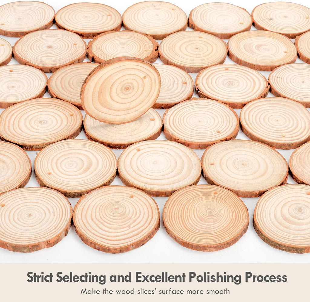 Natural Wood Slices, 54 Pcs 6-7Cm Unfinished Wooden Coasters, Predrilled Log Discs Wooden Log Slices, with 3 Ropes for Arts DIY Crafts, Christmas Decorations or Wedding Favours