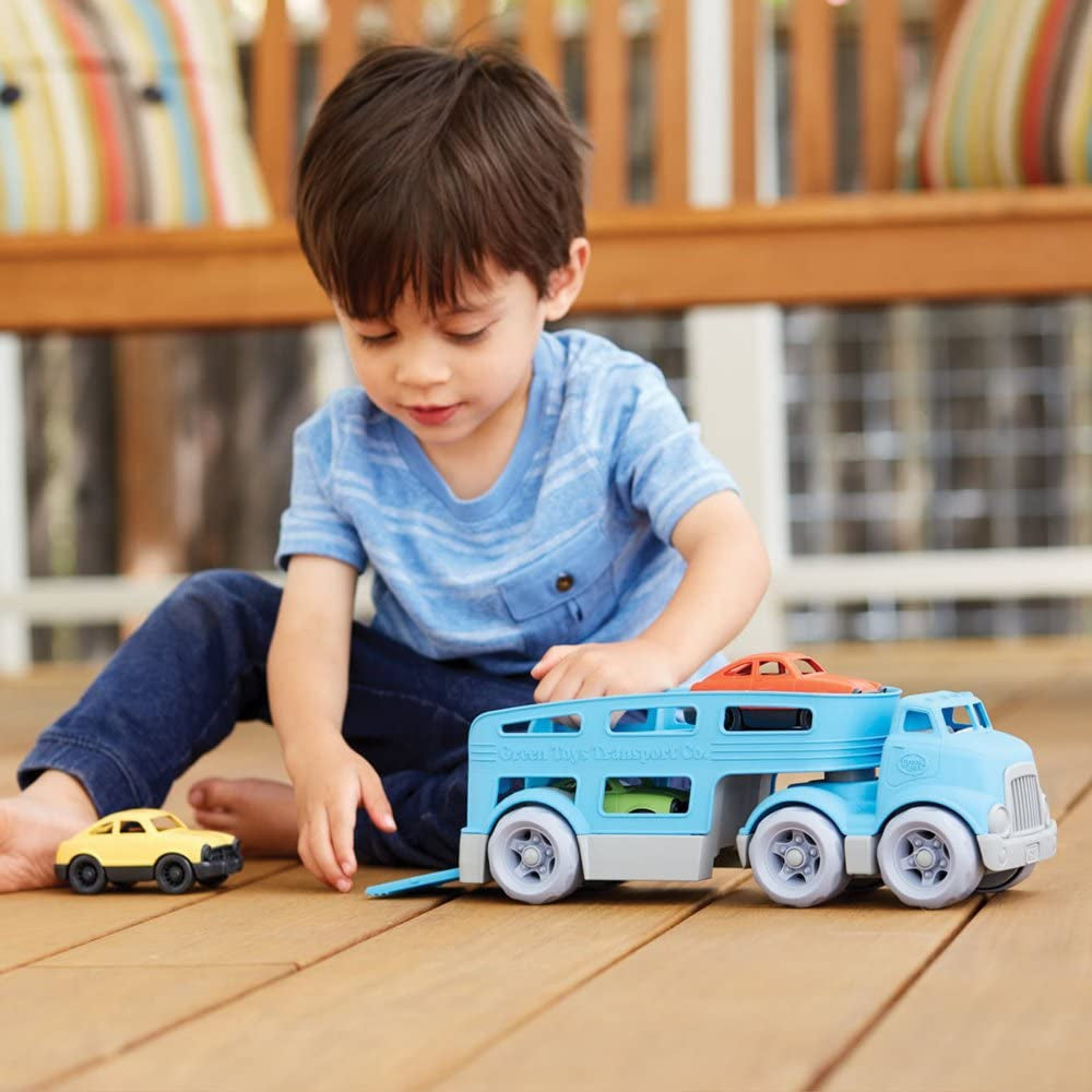 Car Carrier, Blue - Pretend Play, Motor Skills, Kids Toy Vehicle. No BPA, Phthalates, PVC. Dishwasher Safe, Recycled Plastic, Made in USA (4 Piece Set)