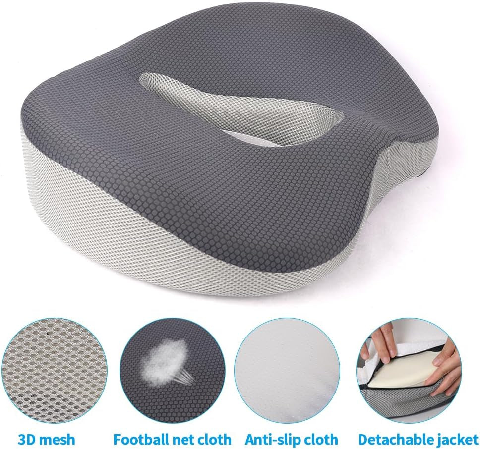 Memory Foam Seat Cushion for Office Chair, Home Chair, Car Seat, Airplane, Wheelchair, Pain Relief for Long Sitting, Non-Slip Bottom, Removable Cover