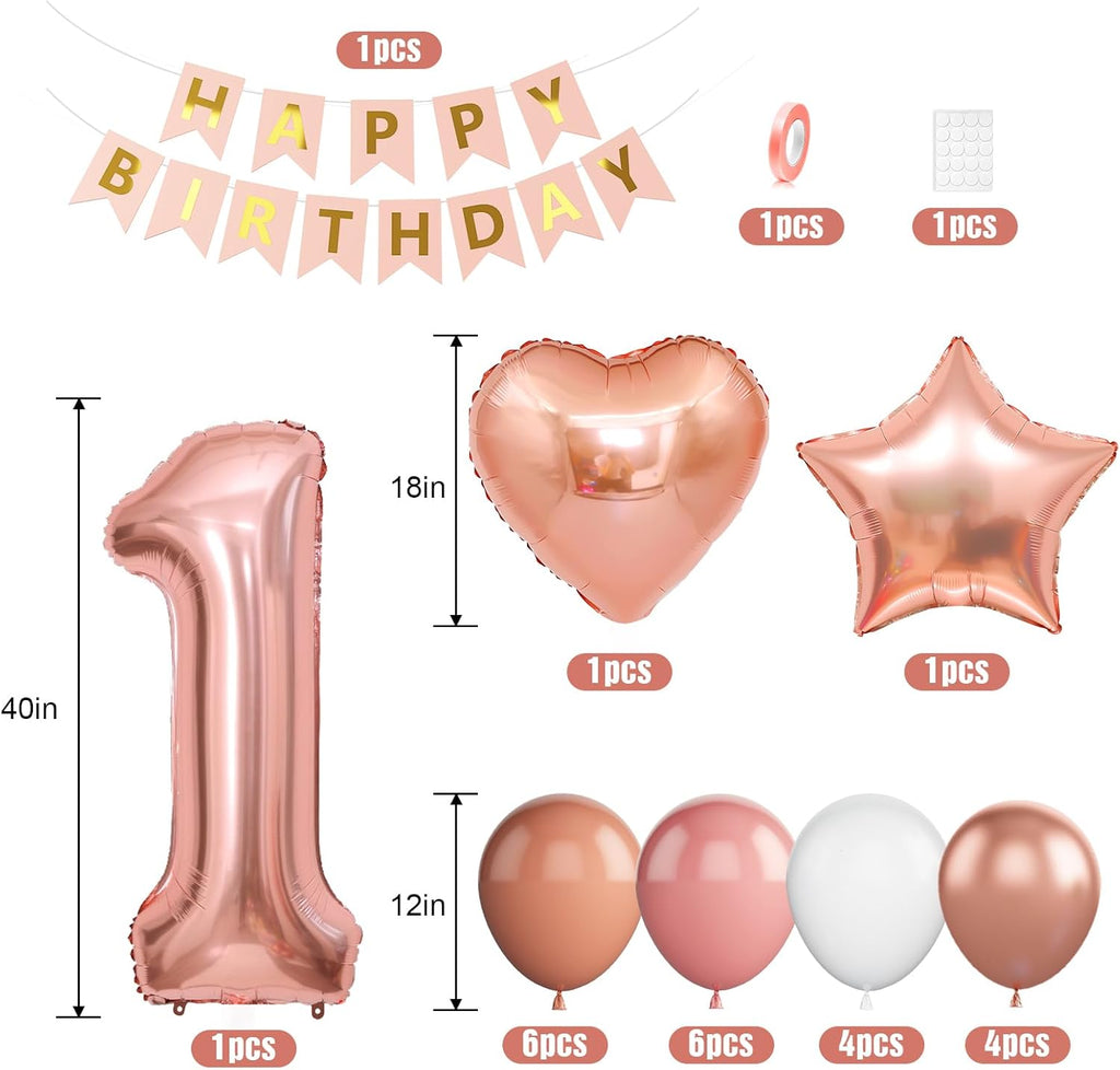 Boho St Birthday Decorations for Girls, Dusty Pink Rose Gold White Balloons with 40 Inch Number  Star Heart Foil Balloons Birthday Banner for  Year Old Groovy Anniversary Baby Shower Decor