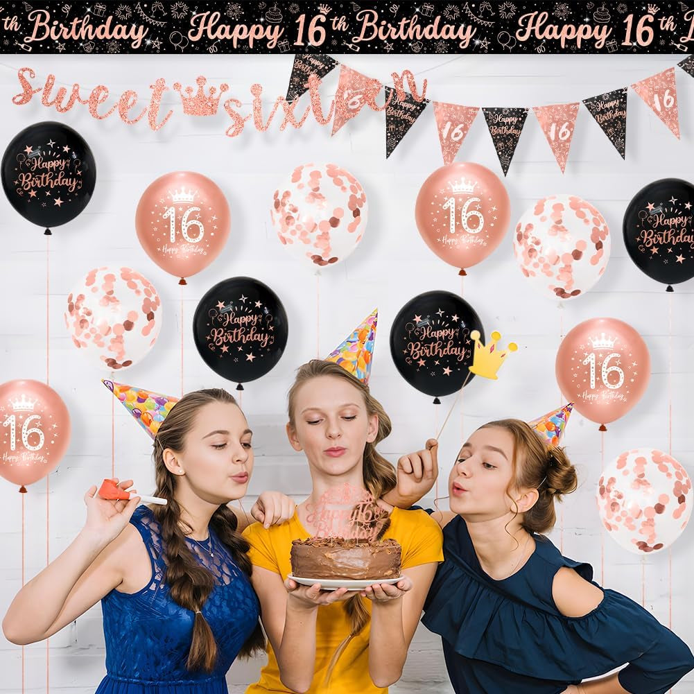 Girls 16Th Birthday Decorations Black Rose Gold Sweet Sixteen Decorations 16 Pack Girls Happy 16Th Birthday Banner Bunting Kit by
