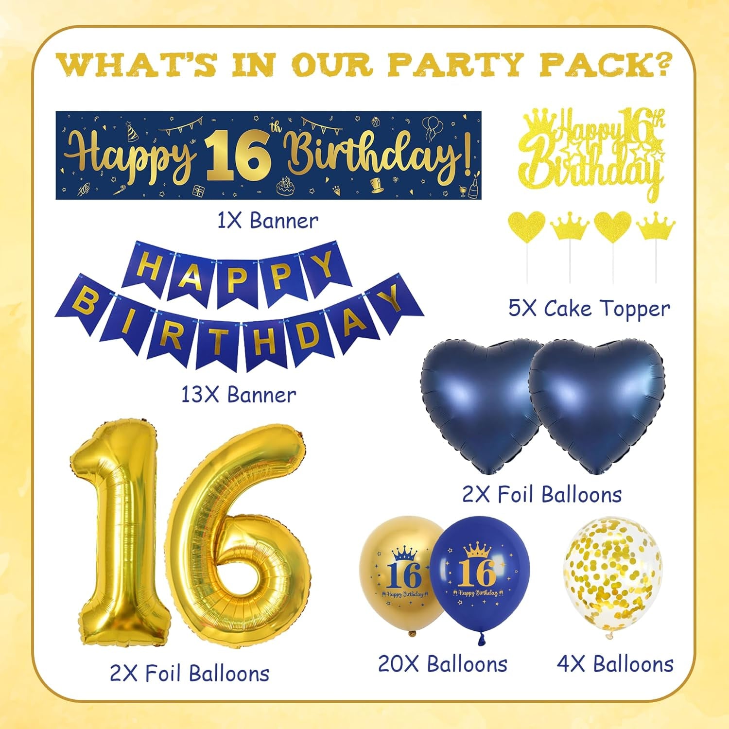 16Th Birthday Decorations Boys Navy - 47 Piece Navy Blue Gold 16Th Party Decor, Happy Birthday Banner, Number 16 Balloon, Cake Topper, Love Foil Balloons