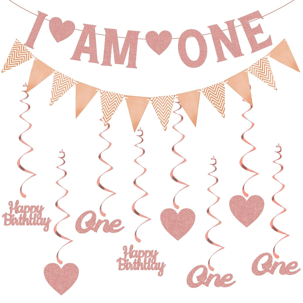 Happy 1St Birthday Decorations Banner - Rose Gold First Birthday Banners Bunting Set for Girls, Glitter Letter One and Heart Swirl Hanging for Baby One Happy Birthday Party Supplies