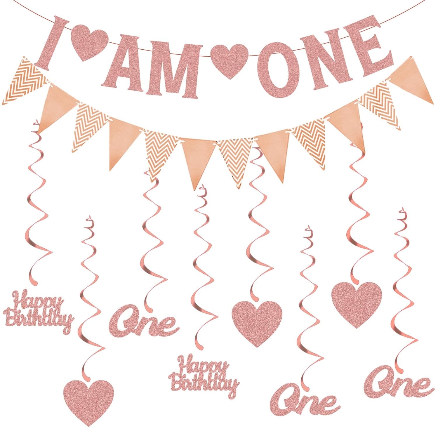 Happy 1St Birthday Decorations Banner - Rose Gold First Birthday Banners Bunting Set for Girls, Glitter Letter One and Heart Swirl Hanging for Baby One Happy Birthday Party Supplies