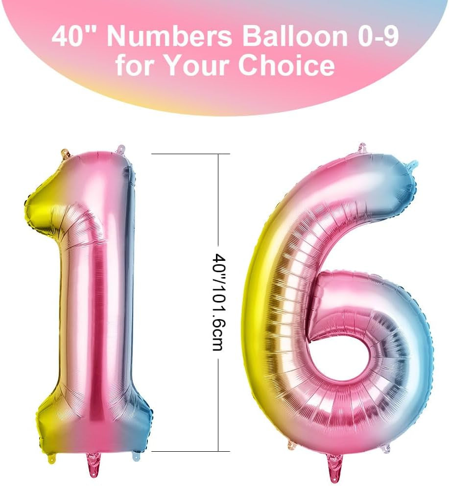 Helium Balloons, 40 Inches Number Balloons 16, Foil Balloons Birthday Balloon Large Numbers Balloons for Birthday Wedding Party Decorations Celebration Supplies (Gradient)