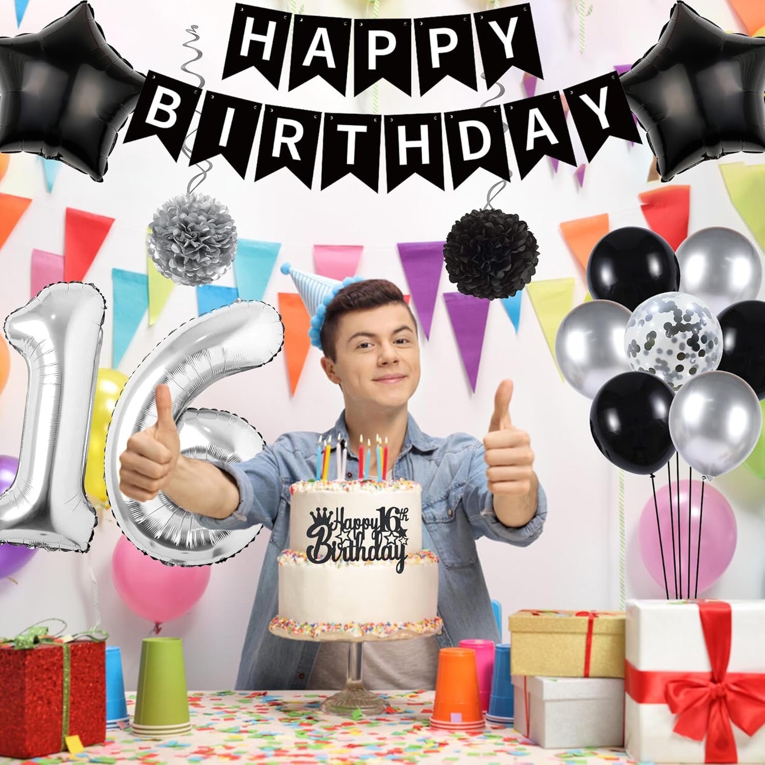 16Th Birthday Decorations Black Silver - 50 Pieces 16Th Decoration for Boys Number 16 Foil Balloon Birthday Banner Star Love Balloon Paper Flowers Cake Toppers for Girls Party Supplies