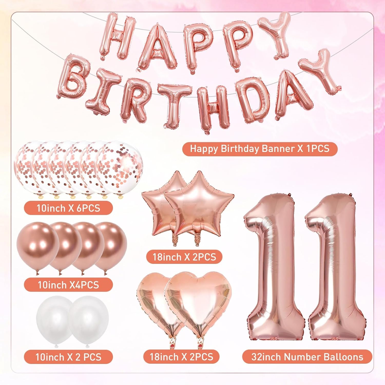 11Th Birthday Decorations for Girls, Rose Gold 11Th Birthday Decorations, Rose Gold 32 Inch Number 11 Foil Balloon with Banner, Star Confetti Balloon for 11 Party Deko