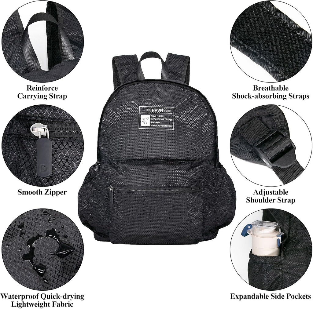 15L Packable Lightweight Backpack for Women Men Water Resistant Foldable Hiking Travel Camping Daypack (Black)