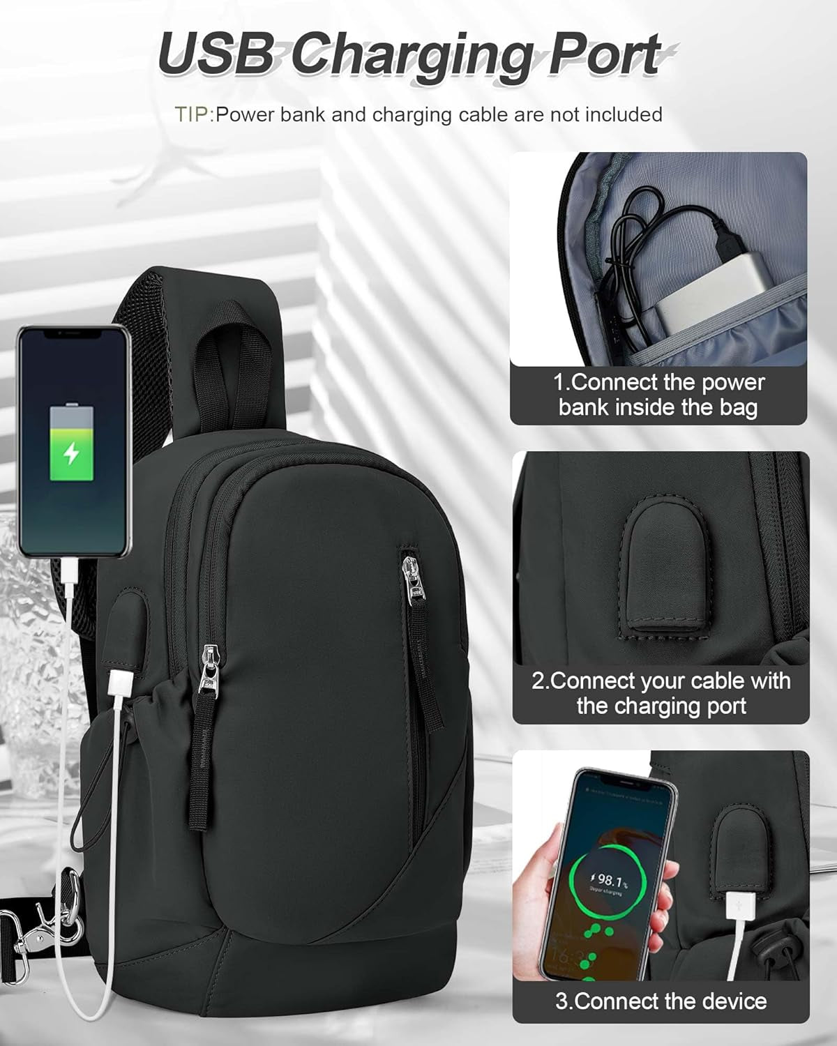 Small Black Sling Crossbody Bag for Men Women, Tactical Backpack Shoulder Daypack Mini Anti-Theft Motorcycle Chest Bags, Small One Strap Backpack for Casual Travel Hiking Outdoor Sports