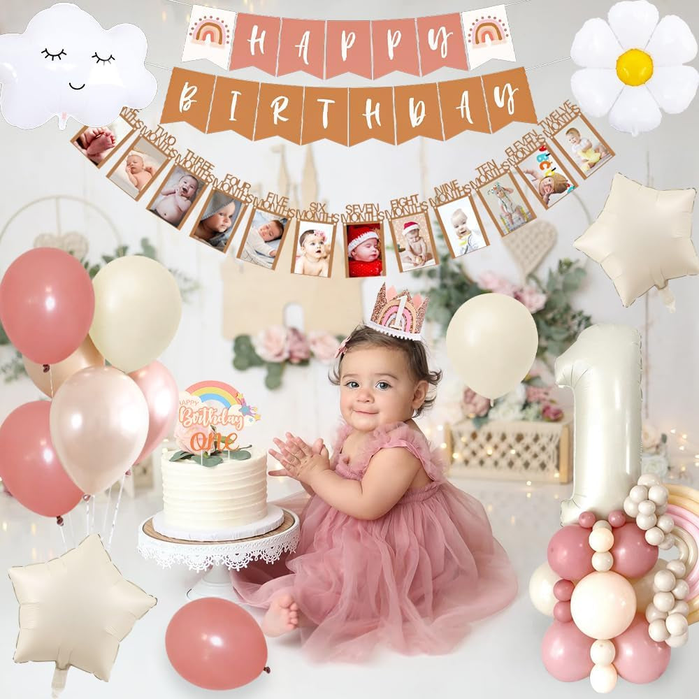 1St Birthday Decorations for Girls,First Birthday Decorations with Baby Month Photo Banner,Beige Number 1 Foil Balloon, First Birthday Cake Topper,Rainbow Happy Birthday Banner for Baby Shower