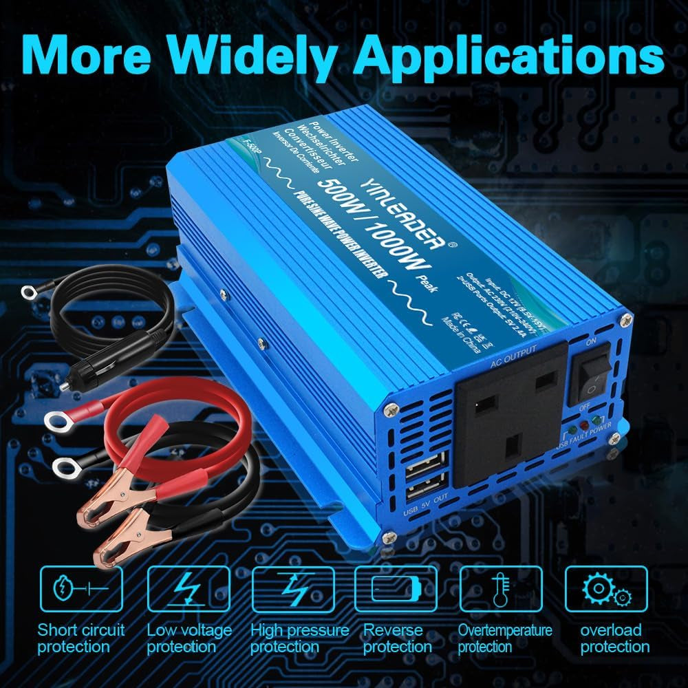 Pure Sine Wave Power Inverter 500W DC 12V to 240V AC Car Power Converter /1000W (Peak) with 2 USB Ports 1 AC Socket for Charge Phone, Pad, Laptop, LED