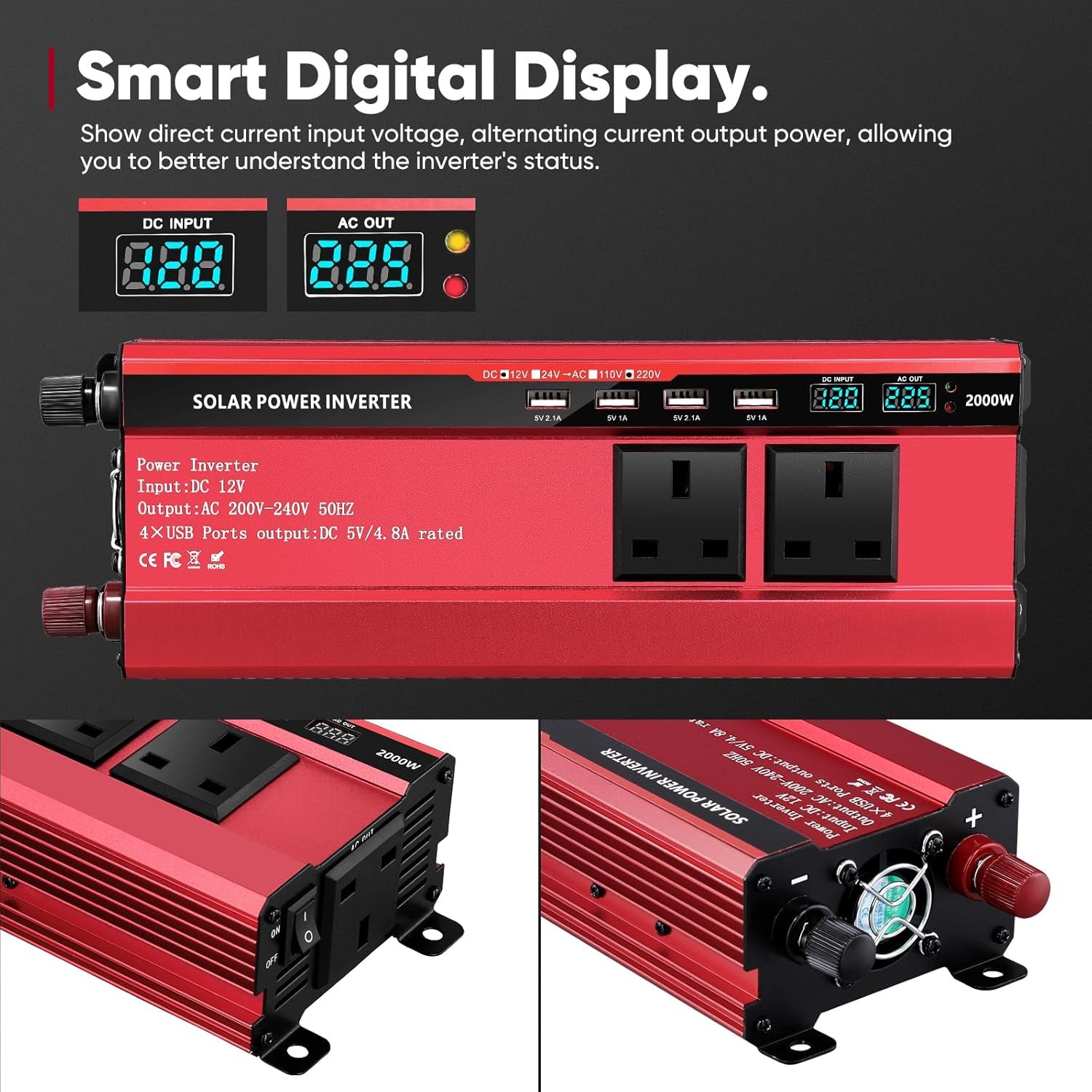 2000W Inverter 12V to 240V,Aluminum Car Power Inverter DC 12V to AC 240V with 3 UK Sockets 4 Usb,Pure Sine Wave Inverter with LED Display & 8-Tier Safety Protection for Travel, Camping
