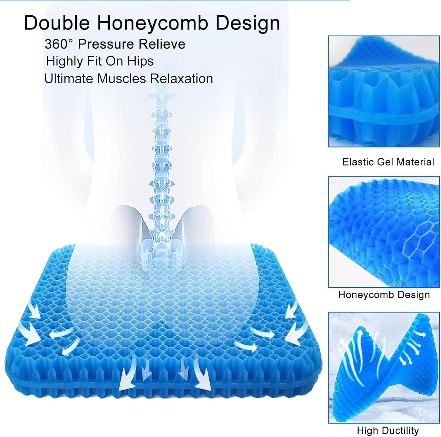 Soft Sitter Cushion,Honeycomb Double Thick Gel Seat Cushion with Anti-Slip Cushion Cover,Cooling Chair Cushion Egg Chair Cushion for Home Office Car, Wheelchair (47 X 44 Cm)