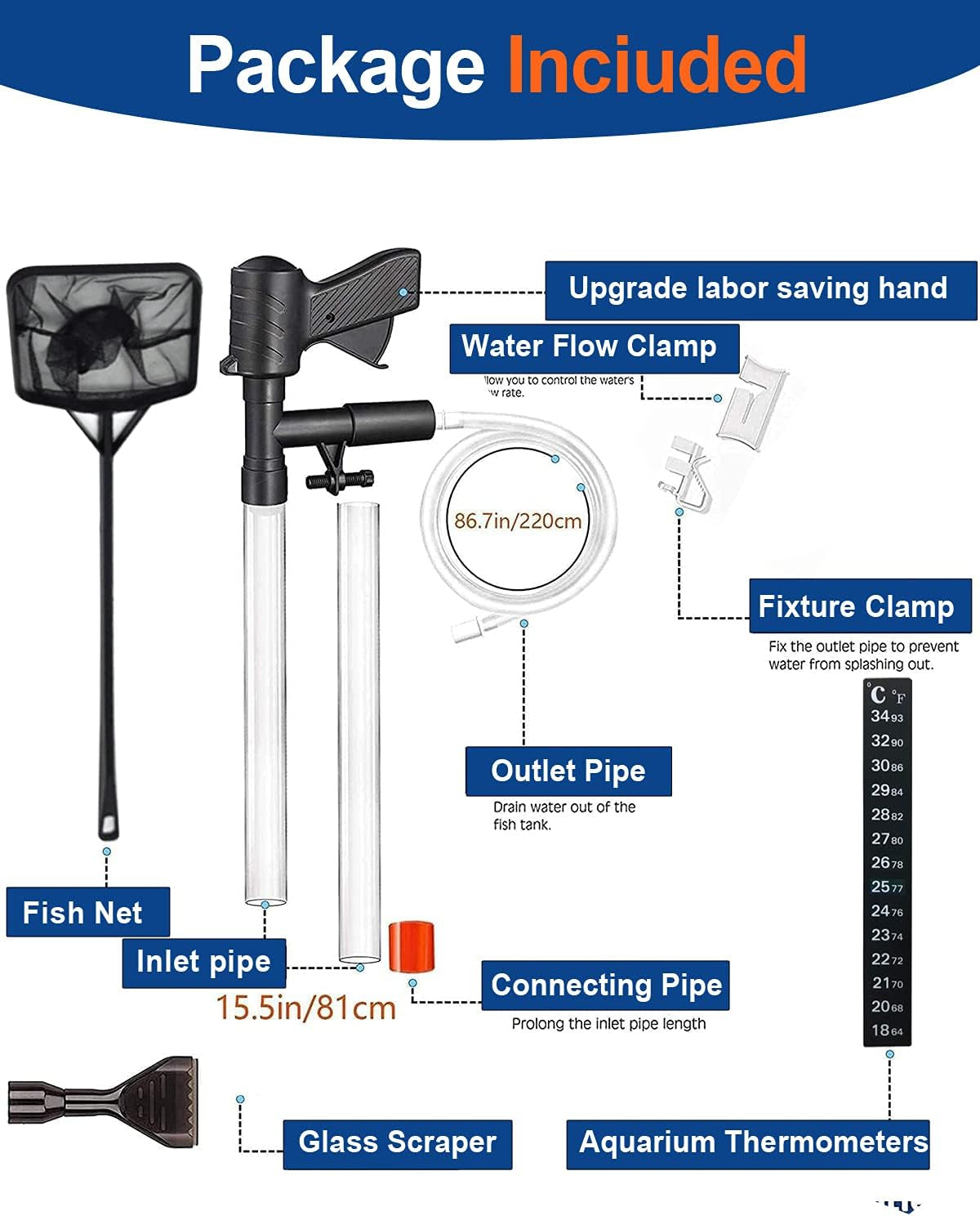 Aquarium Gravel Cleaner [2024 Edition] Vacuum Fish Tank Vacuum Cleaner Tools for Aquarium Water Changer with Aquarium Thermometers Fish Net Kit Use for Fish Tank Cleaning Gravel and Sand