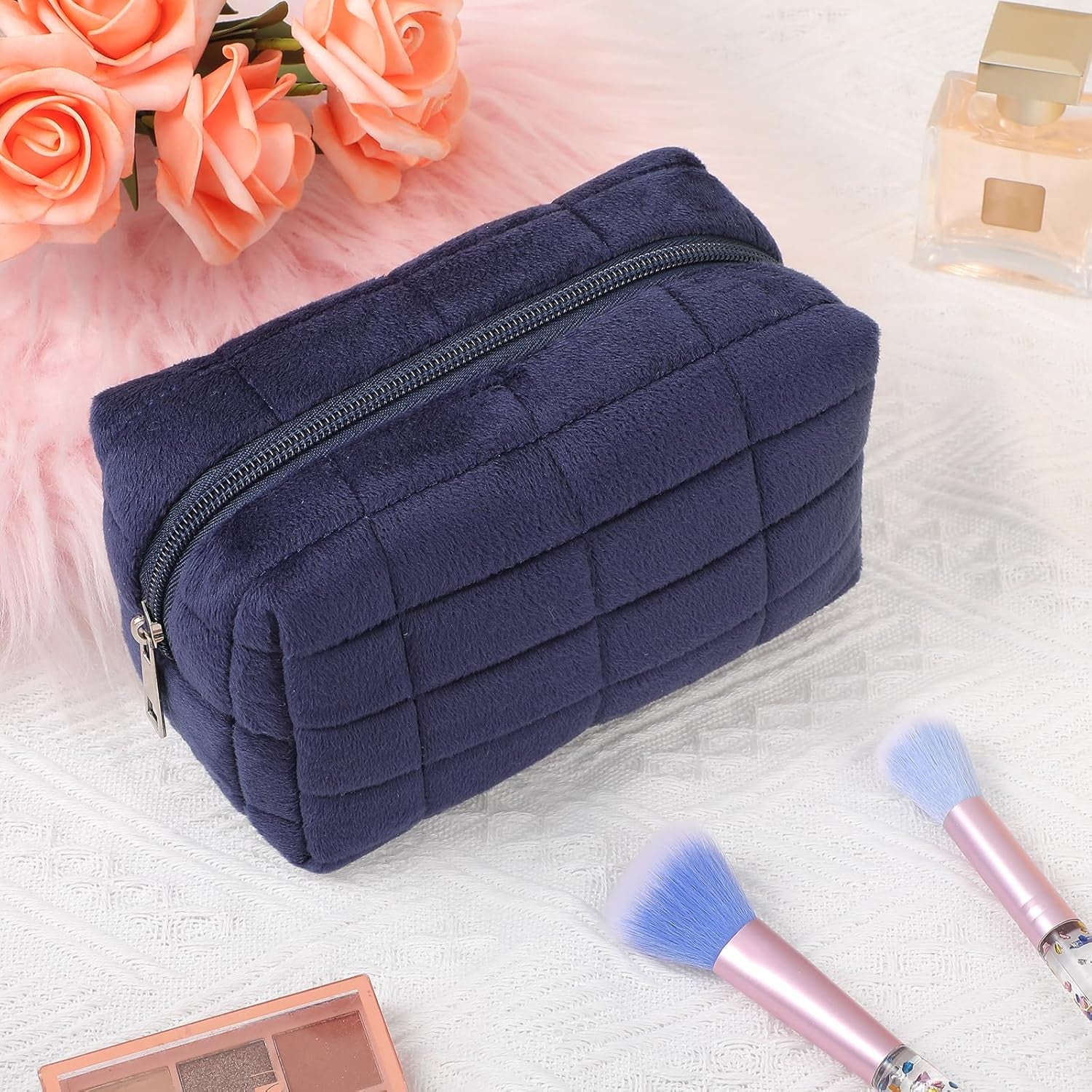 Makeup Bag Soft Pouch Pencil Case Aesthetic Cosmetic Pouch Bathroom Shower Fuzzy Plush Toiletry Organizer Make up Organize Accessories Travel Bag Y2K Purse Containers Women (Navy)