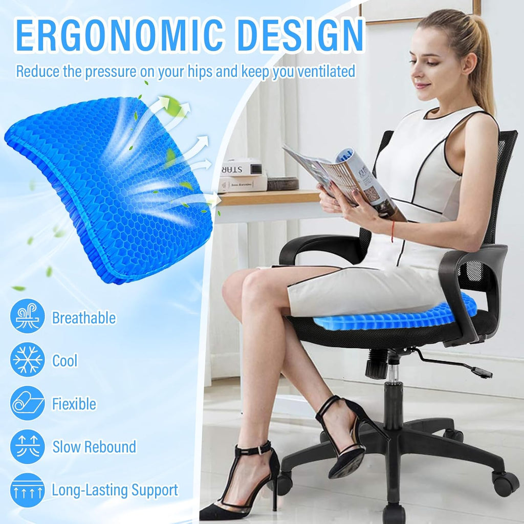 Large Gel Seat Cushion,Double Thick Soft Sitter Cushion,Honeycomb Design Seat Cushion with Relieving Back Coccyx Pain Pressure,Gel Orthopaedic Ergonomic Cushions for Car Office Home Wheelchair&Chair