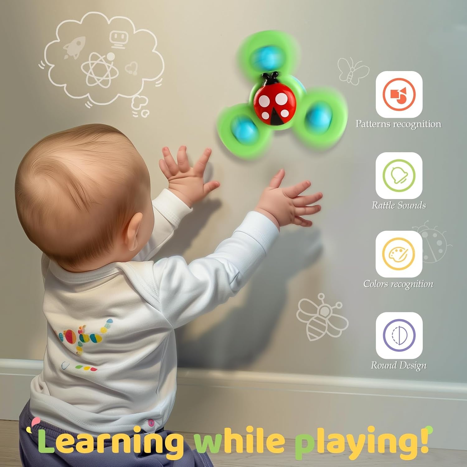 3PCS Suction Cup Rotating Toys for 1 Year Old Boy Girl|Rotating Top Baby Toys 12 18 Months|1 2 Year Old Boy Birthday Gift|Baby Bath Toy for Kids Ages 1-3|Sensory Toy for Toddlers 1-3