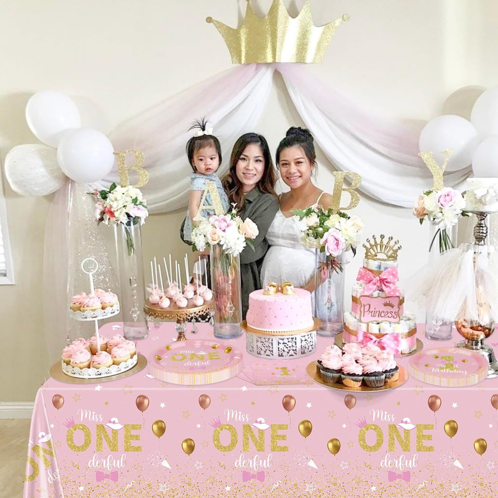 Miss Onederful Birthday Decorations - Pink Gold Plates, Napkins, Tablecloth, First Tableware for Baby Shower 1St Girls Decorations, Serve 20 Guests, JY-26