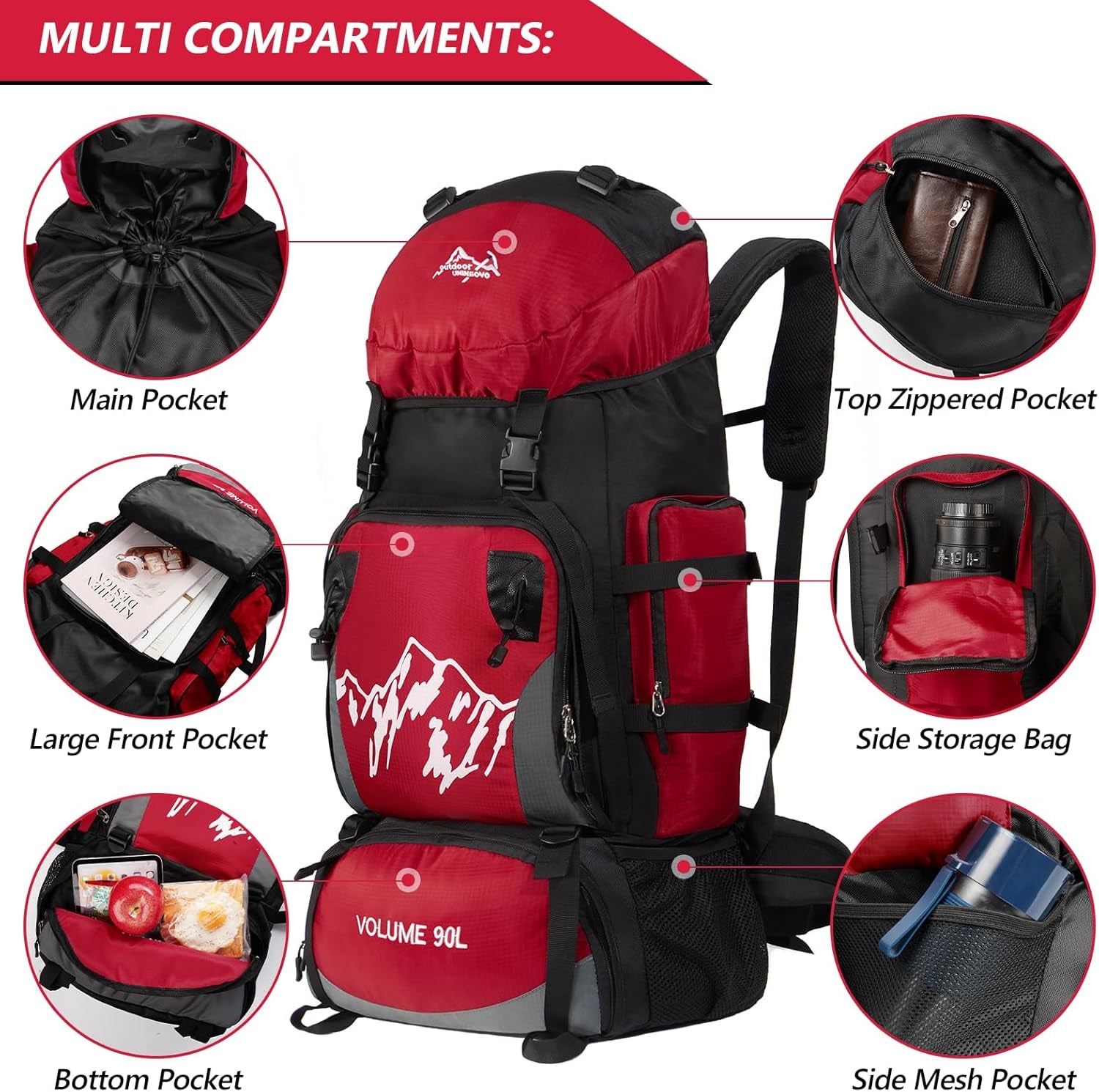 90L Hiking Backpack, Camping Travel Backpack with Rain Cover Lightweight Travel Daypack for Climbing Camping Touring (Red)