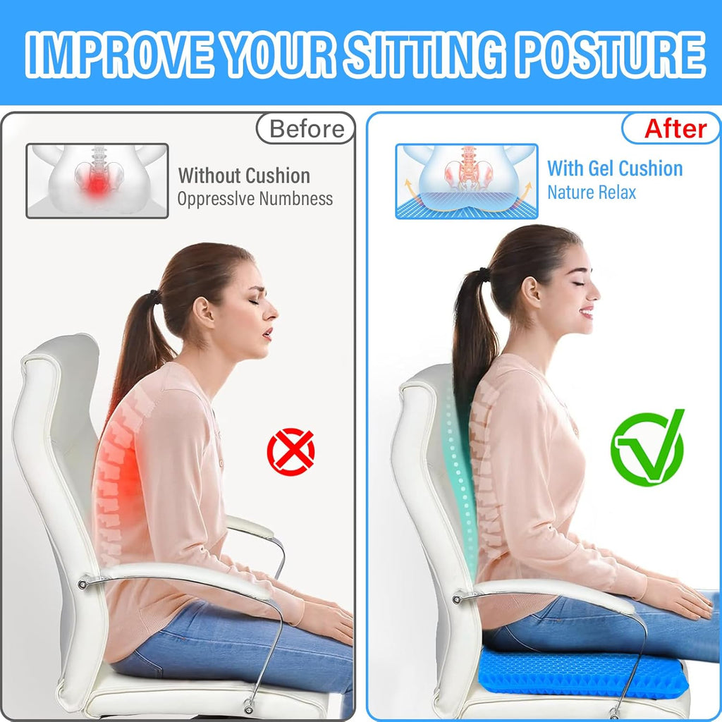 Large Gel Seat Cushion,Double Thick Soft Sitter Cushion,Honeycomb Design Seat Cushion with Relieving Back Coccyx Pain Pressure,Gel Orthopaedic Ergonomic Cushions for Car Office Home Wheelchair&Chair