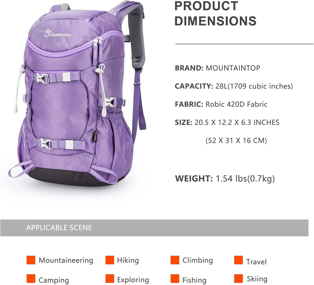 Small Hiking Backpack 28L Travel Daypack Lightweight for Women for Outdoor Camping, 20.5×12.2×6.3 In，Purple