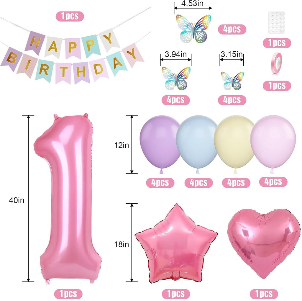 St Birthday Decoration for Girls, Pastel Macaron St Birthday Balloon, Pink Number  Balloon with Butterfly Stickers, Star Heart Foil Balloons Banner Set for Baby  Year Old Party Decor