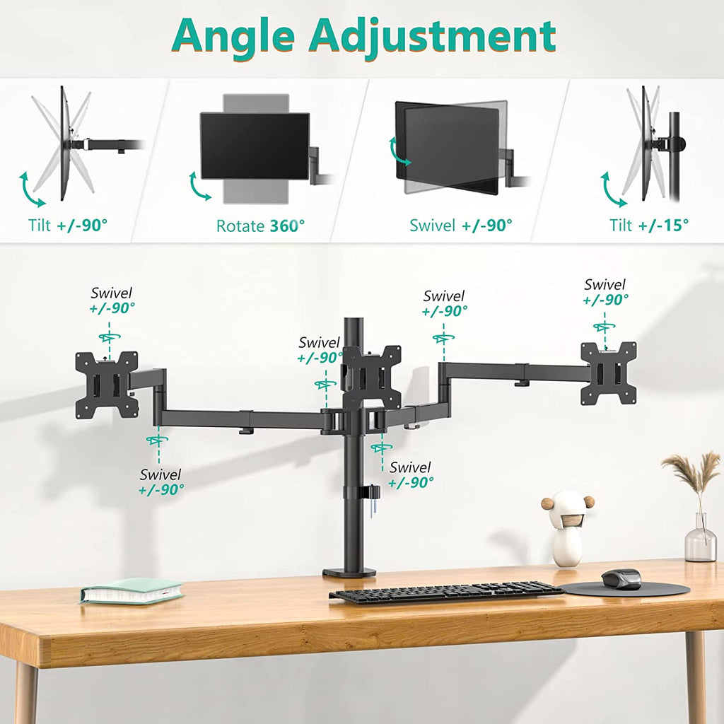 Triple Monitor Arm for Screen up to 27 Inch, Articulating Triple Monitor Stand, Fully Adjustable Horizontal 3 Monitors Stand with Tilt Swivel Rotate, VESA 75 & 100Mm, Black (M003S)