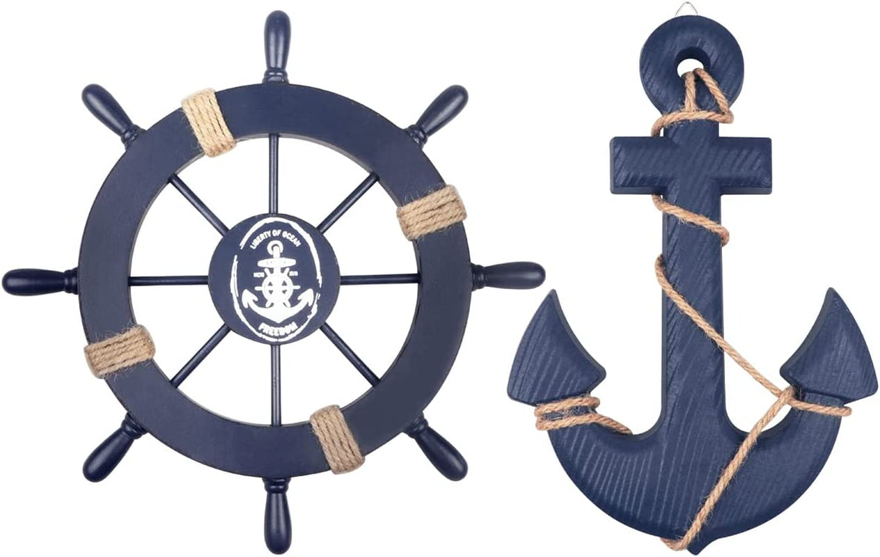 Fangoo 2 Pack 28 CM Wooden Ship Wheel and 33 CM Wood Anchor with Rope Nautical Boat Steering Rudder Wall Decor Door Hanging Ornament