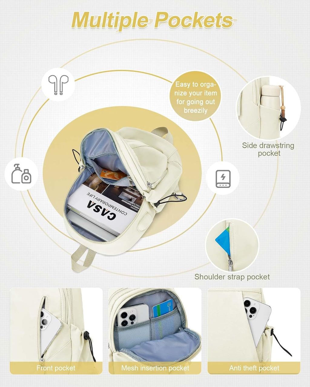 Crossbody Sling Backpacks Sling Bag for Men Women, Shoulder Backpack Chest Bags with USB Charger Port off White