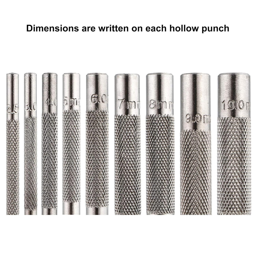 9 Pcs Steel Hollow Punch Set 2.5-10Mm Heavy Duty round Leather Hole Punching Tool for Watch Cloth Belt Gaskets W/Storage Bag
