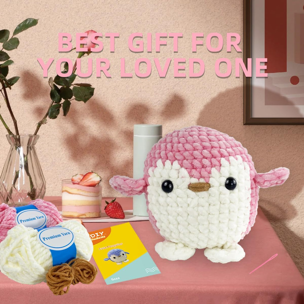 Crochet Kit for Beginners Adults - Knitting Kit with Step-By-Step Video Tutorial - Perfect for New Craft Lovers - Creative DIY Handicraft Gift for Kids Women Men - Pink Penguin
