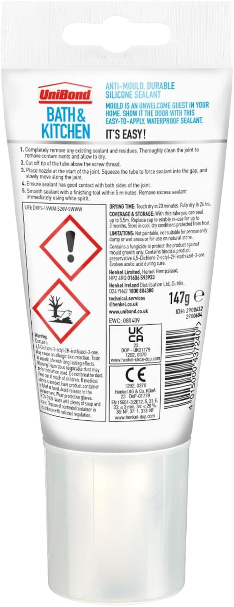 2079321 Anti-Mould Sealant / White Silicone Sealant for Kitchen and Bathroom / 1 X 147 G Tube