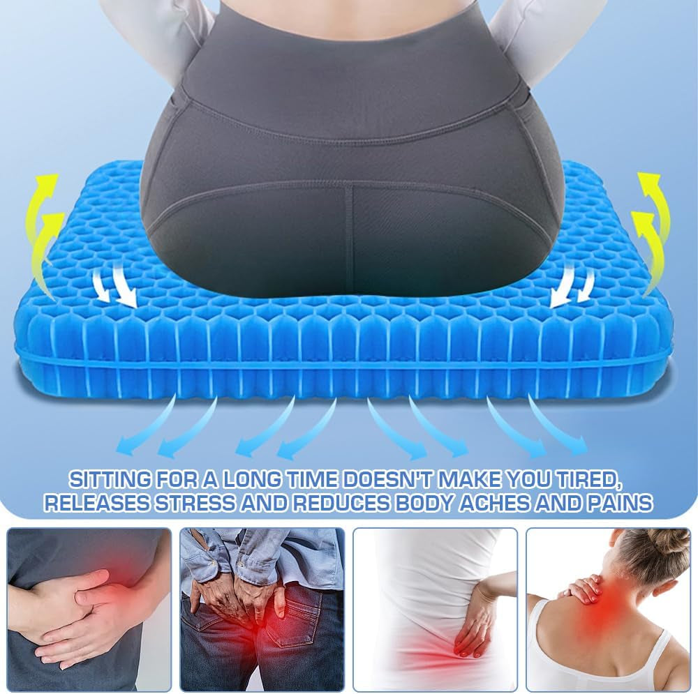 Gel Seat Cushion, Double Thicken Honeycomb Cushion with Ice Non-Slip Cover, Gel Cushion for Sitting with Relieving Back Coccyx Pain Pressure, Soft Sitter for Home Office Car (Square 40*35*2.4)