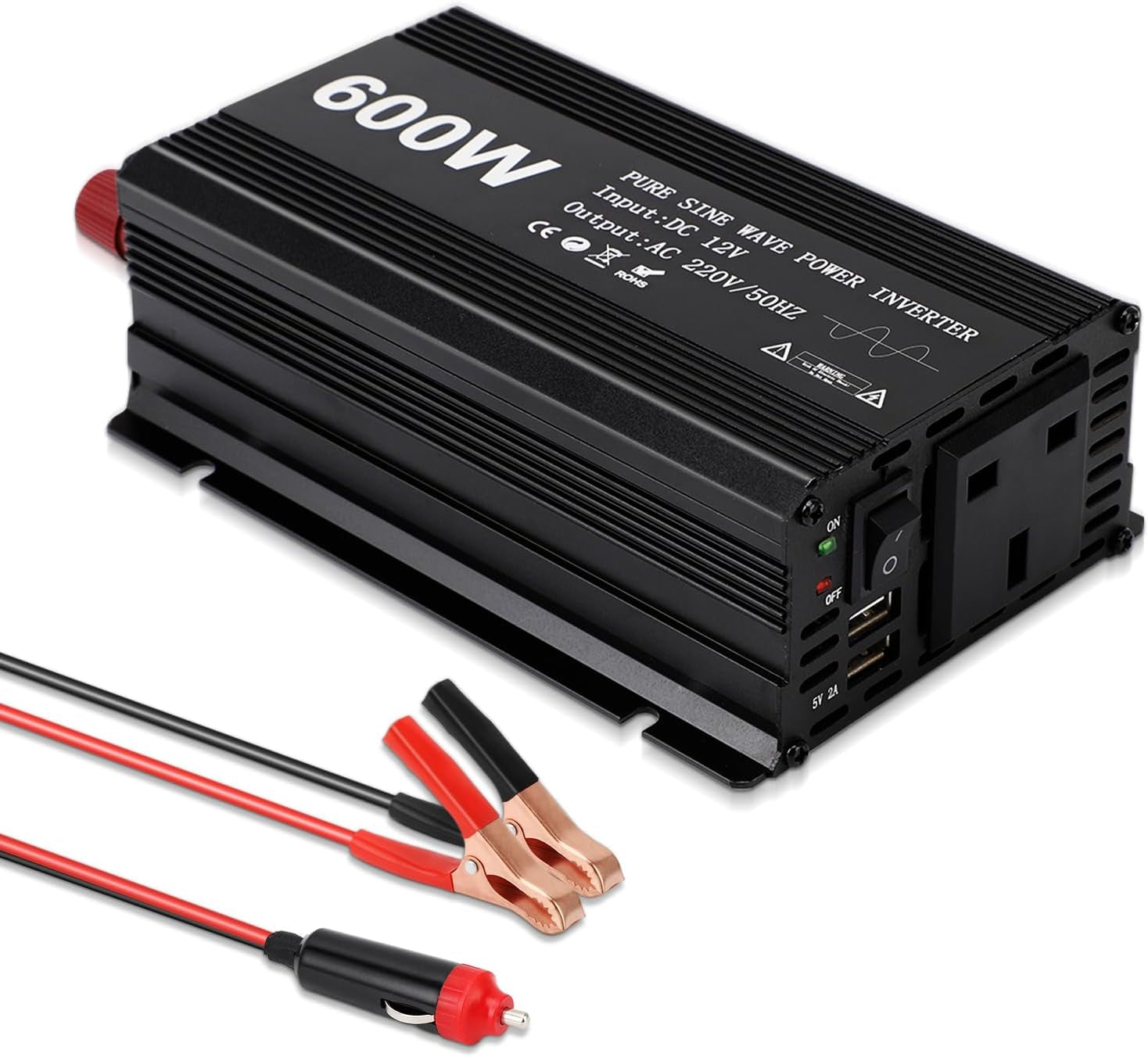Aluminum Alloy 600W Pure Sine Wave Power Inverter - DC 12V to AC 230V Car Converter with 2 USB Ports and Cigarette Adapter