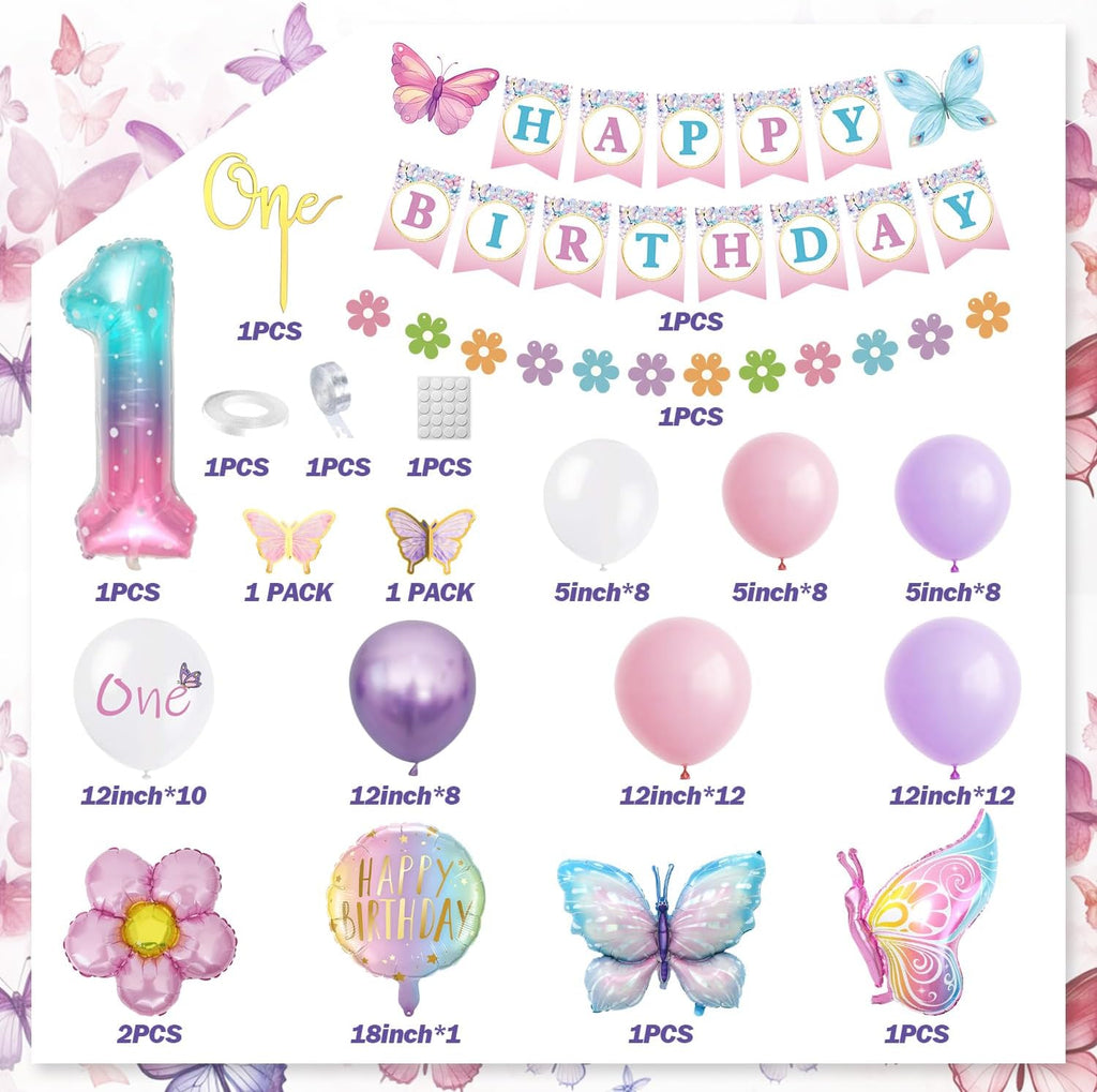 1St Birthday Decorations for Girls - Pink & Purple Butterfly Foil Balloons, Happy Birthday Banner, Number 1 & Butterfly Stickers
