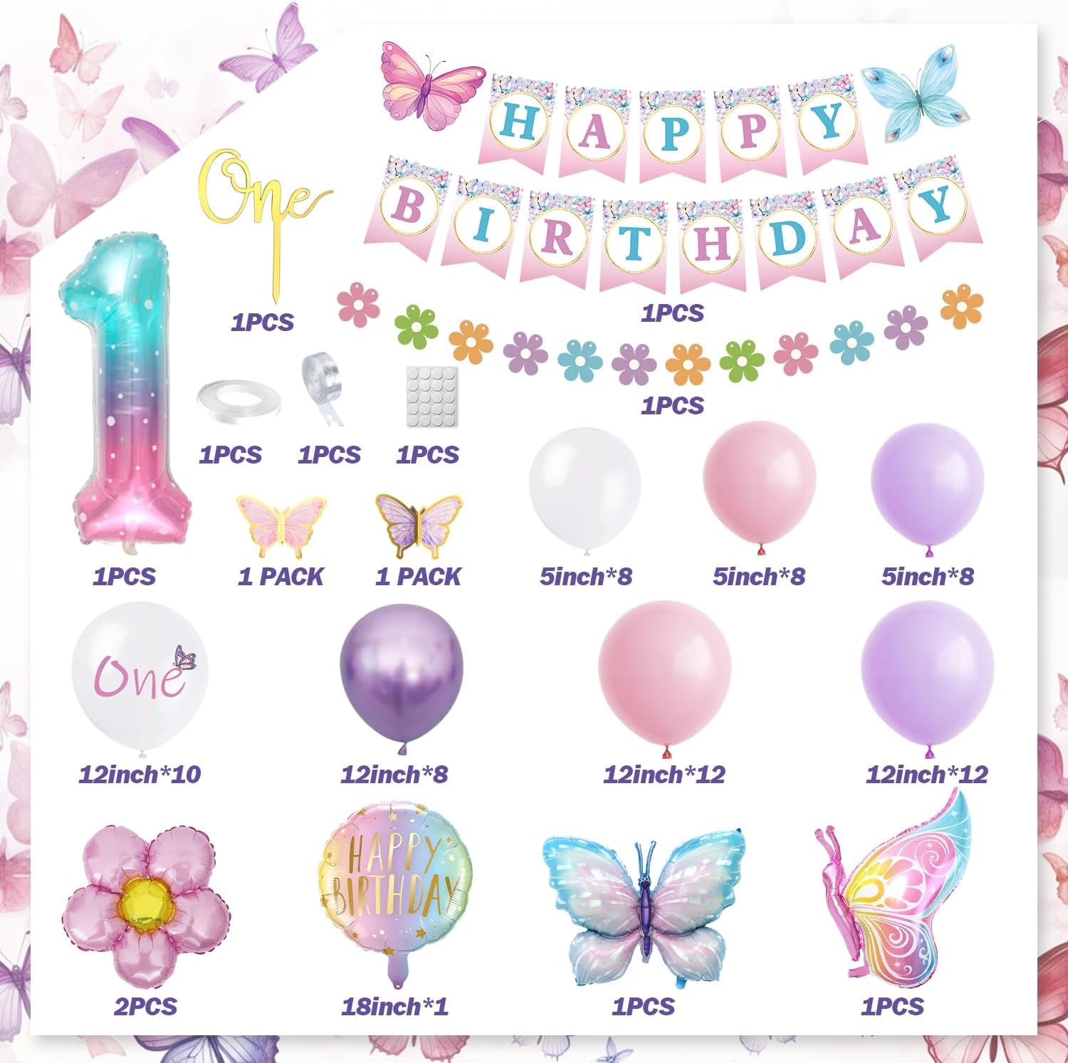 1St Birthday Decorations for Girls - Pink & Purple Butterfly Foil Balloons, Happy Birthday Banner, Number 1 & Butterfly Stickers
