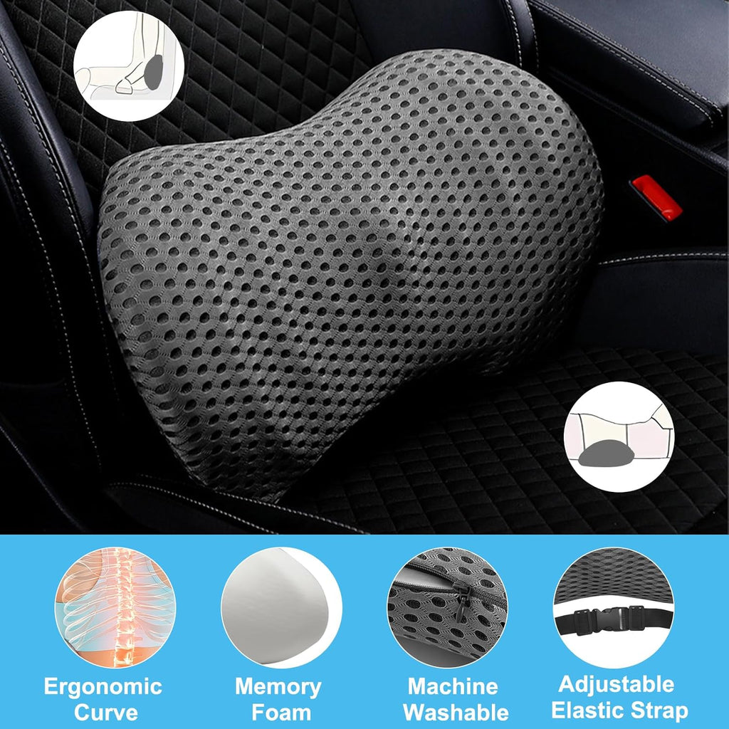 Lumbar Support Memory Foam Pillow, Lumber Support Cushions with Detachable Elastic Strap for Car Office Chair, Adjustable Car Seat Back Support Pillow for Promotes Back Pain Relief