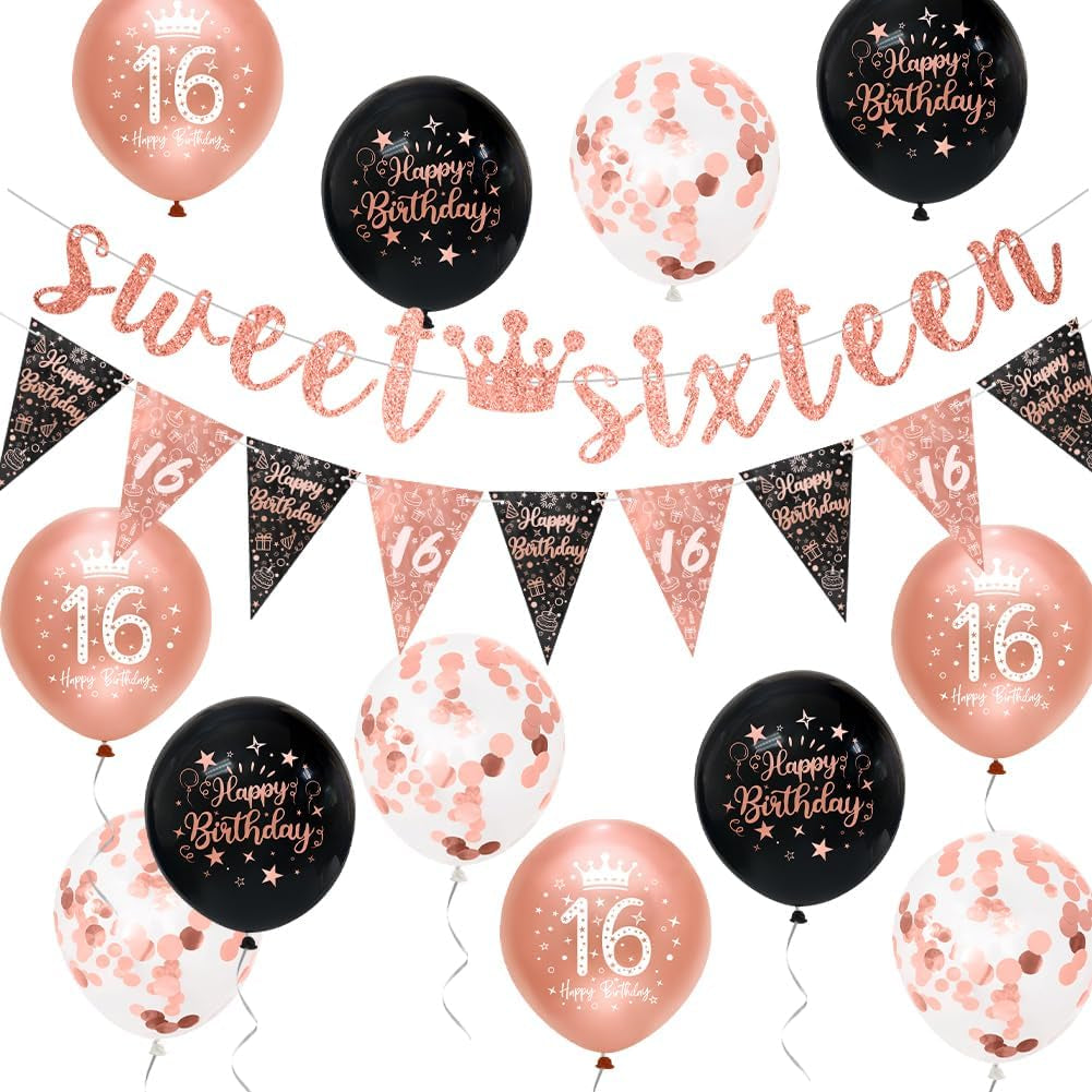16Th Birthday Girls Decorations - Black Rose Gold Happy 16Th Banner & Bunting Kit