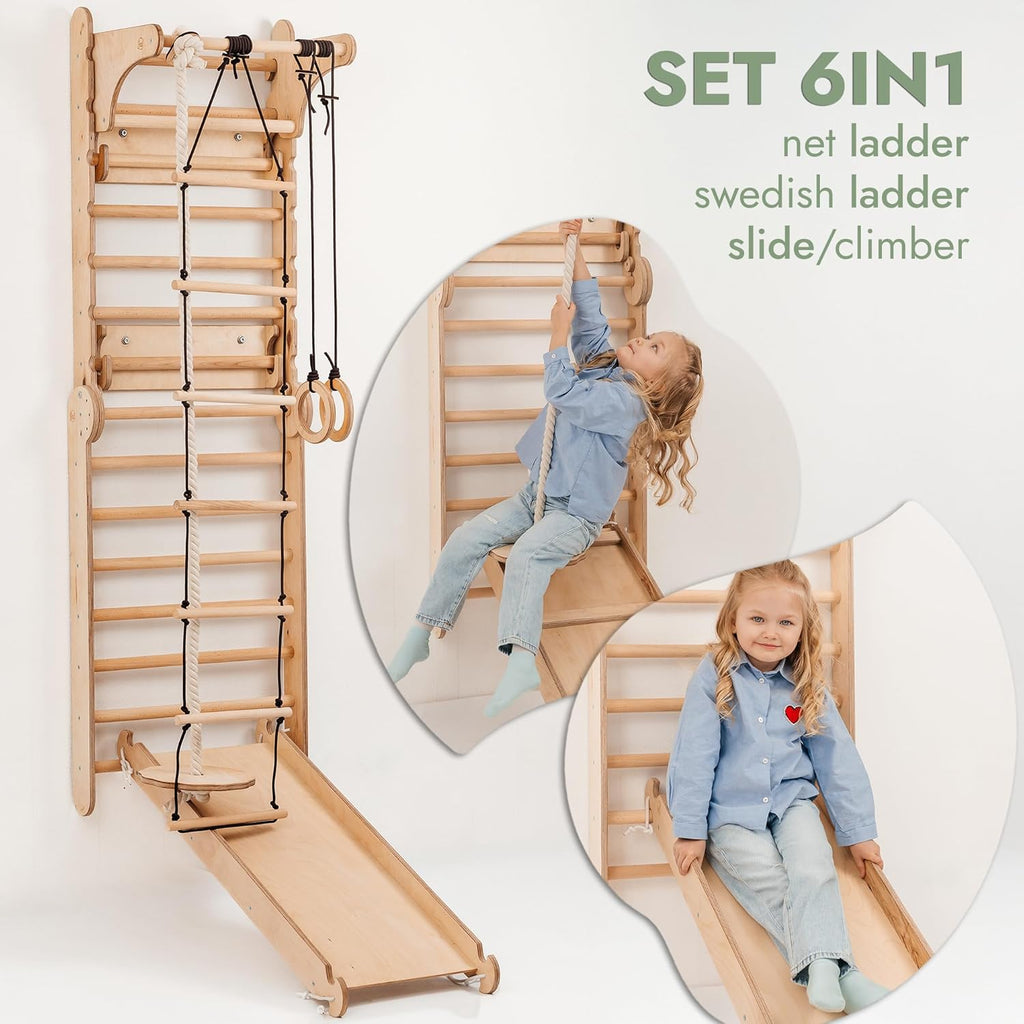 6-In-1 Indoor Playground for Kids – Wooden Swedish Wall, Climbing Ladder, Slide, Swing, Gymnastics Rings, Rock Climbing Wall – Jungle Gym Play Set for Ages 2-12