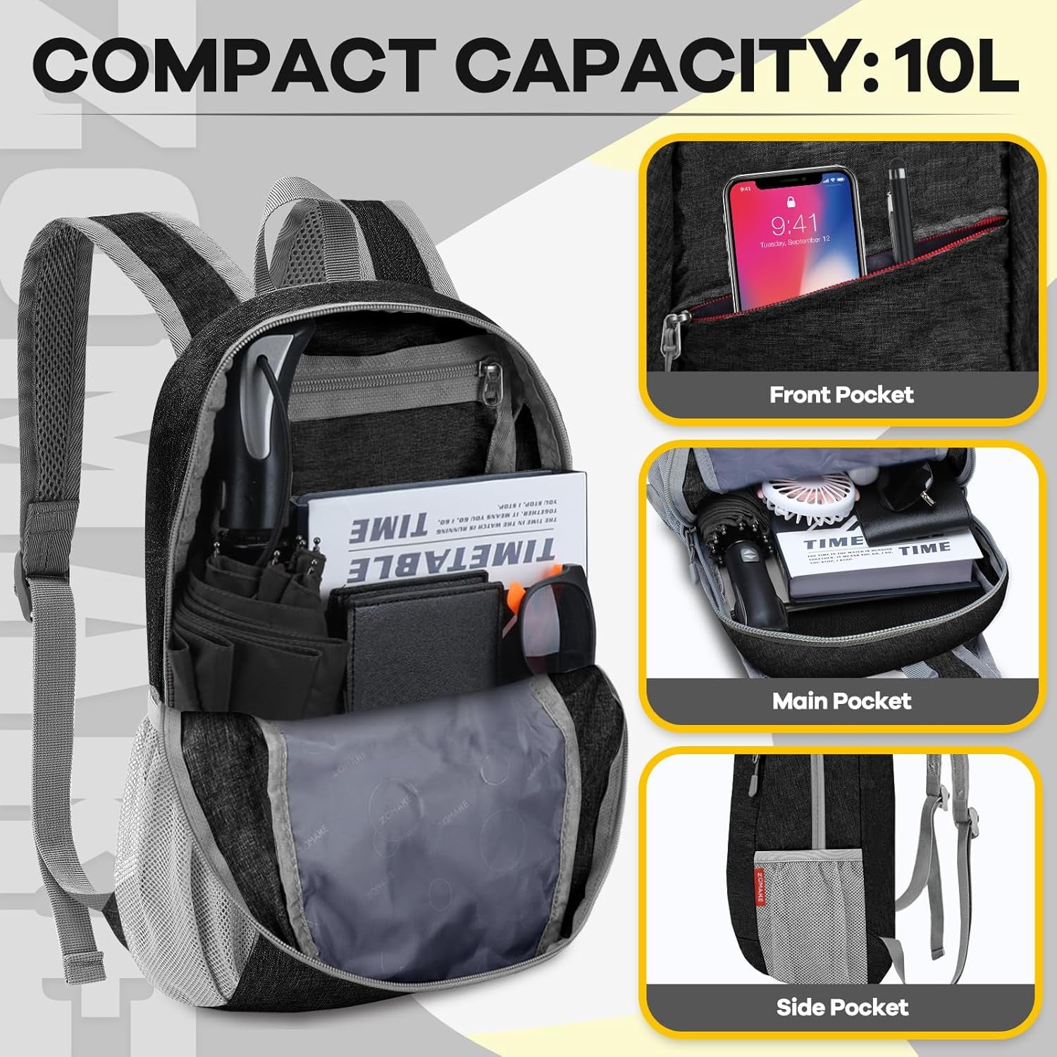 Ultra Lightweight Packable Backpack 10L, Small Daypack Light Foldable Backpacks Water Resistant Day Bag for Hiking(Black)