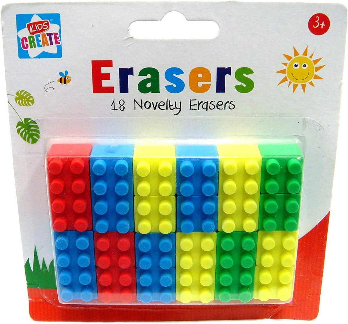18 Novelty Toy Brick Erasers Rubbers Back to School Kids Brick Style Block