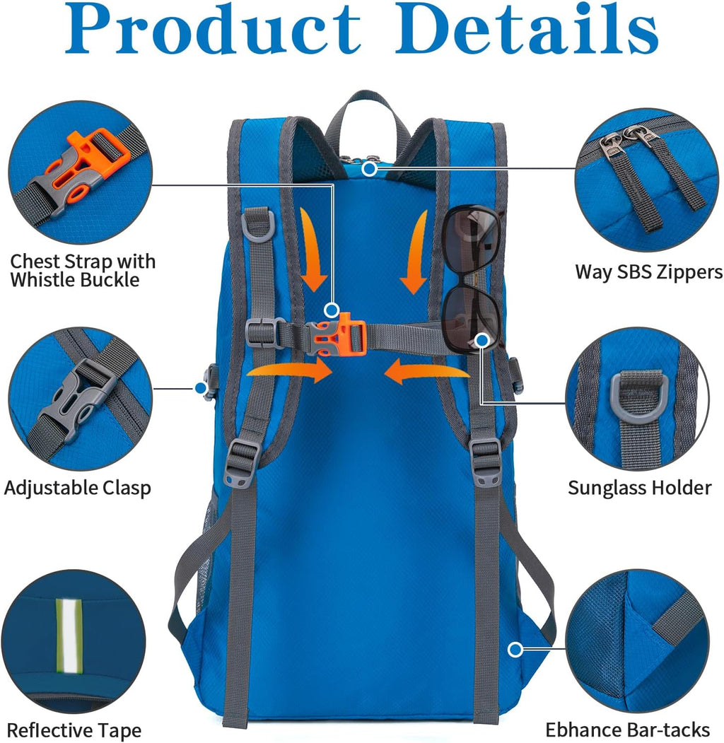 Hiking Backpack, 35L Camping Travel Backpack Packable Outdoor Sports Camping, Water Resistant Lightweight Travel Daypack for Men Women, Sky Blue