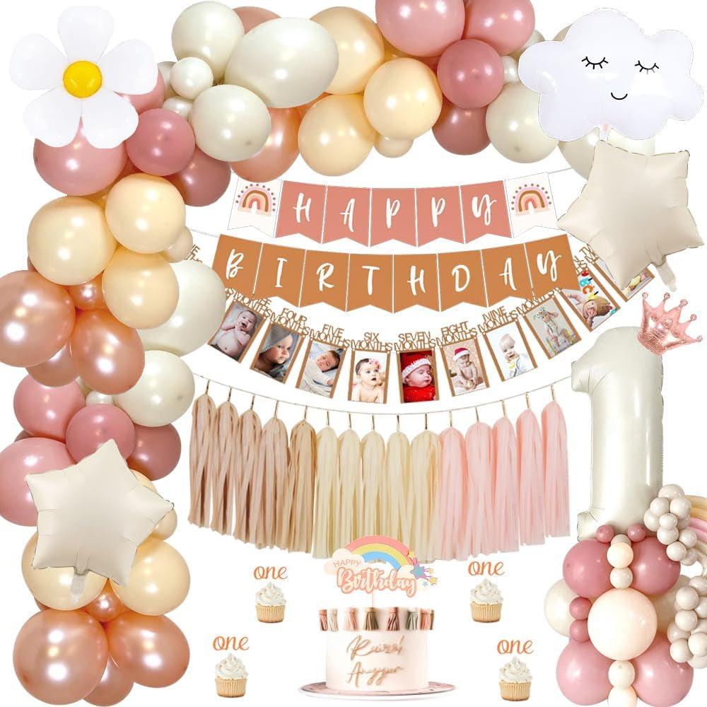 1St Birthday Decorations for Girls,First Birthday Decorations with Baby Month Photo Banner,Beige Number 1 Foil Balloon, First Birthday Cake Topper,Rainbow Happy Birthday Banner for Baby Shower